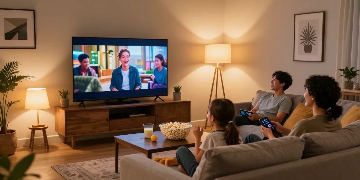 Gezellige woonkamer met gezin dat kijkt naar IPTV 4K op een grote tv, met popcorn en dranken.
