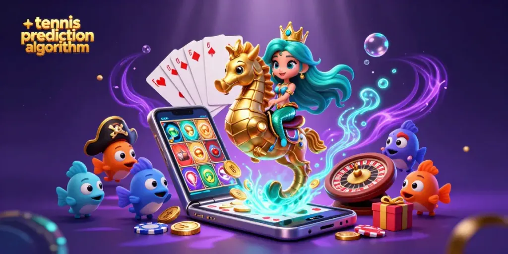 Engage with the revolutionary tennis prediction algorithm in a vibrant underwater casino scene.