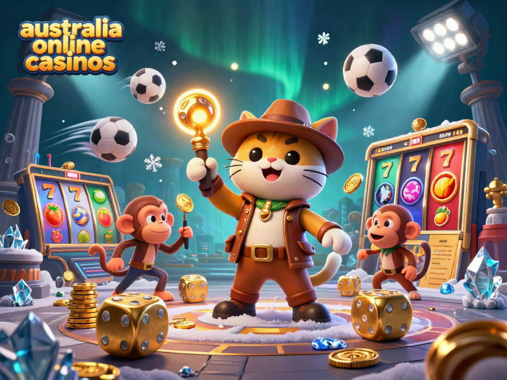 Explore top australia online casinos with a cat archaeologist and a monkey in a dynamic, colorful scene.