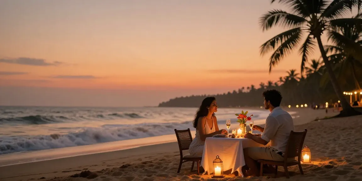 Exclusive escort service in Goa, couple enjoying a romantic beach dinner with stunning sunset backdrop.