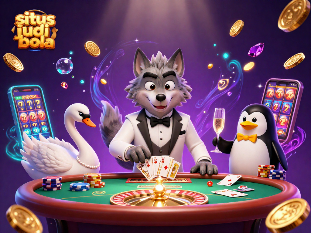 Experience thrilling situs judi bola action with a 3D cartoon scene showcasing a wolf, swan, and penguin in a vibrant casino.