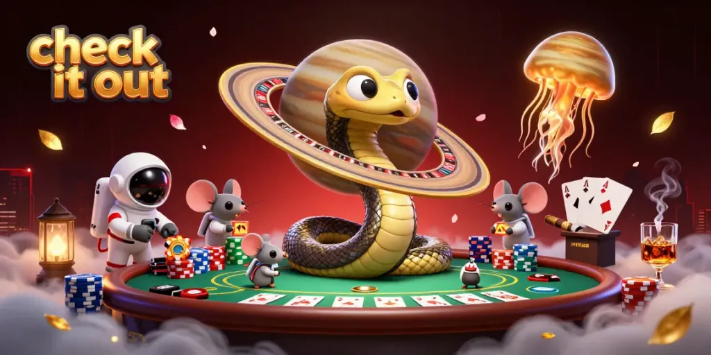 Check it out as astronaut mice bet on Saturn's roulette wheels in a vibrant cosmic casino scene.