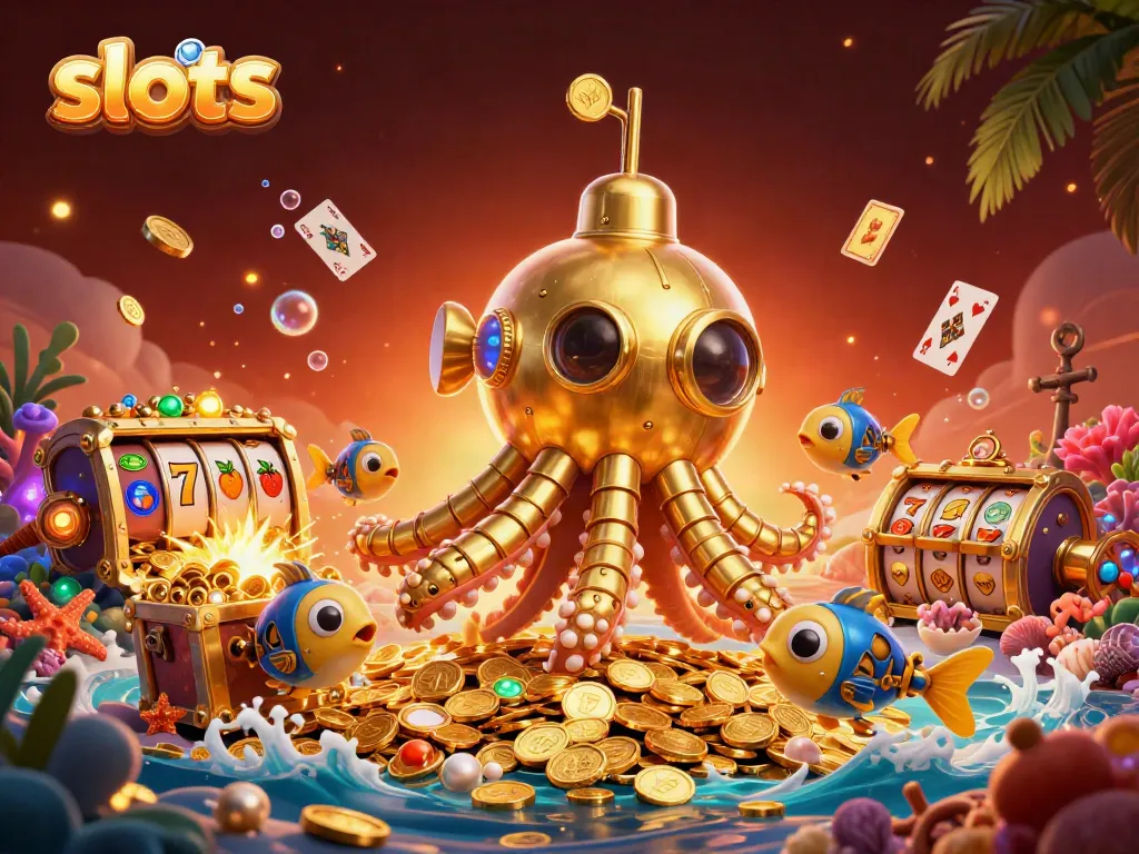 Experience the thrill of slots amidst a golden kraken and mechanical fish in a treasure-filled ocean.