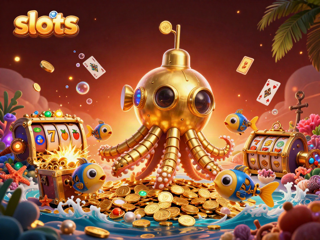 Experience the thrill of slots amidst a golden kraken and mechanical fish in a treasure-filled ocean.