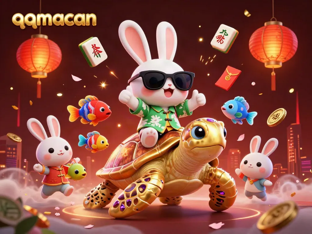 Experience the thrill of qqmacan casino with vibrant visuals featuring a lucky rabbit and sea turtle.