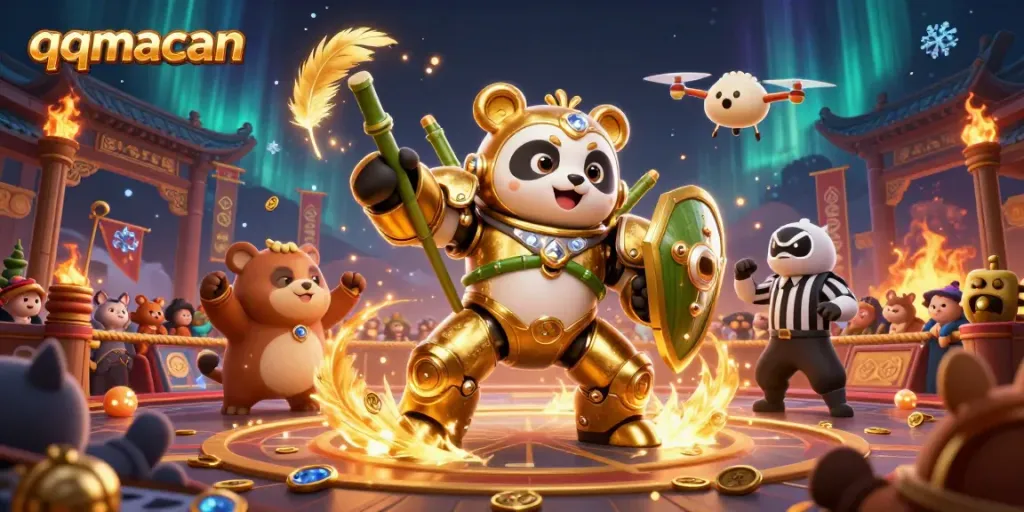 Engage with the qqmacan casino arena led by a golden panda in a mech-suit, surrounded by cheering fans and shimmering gold.