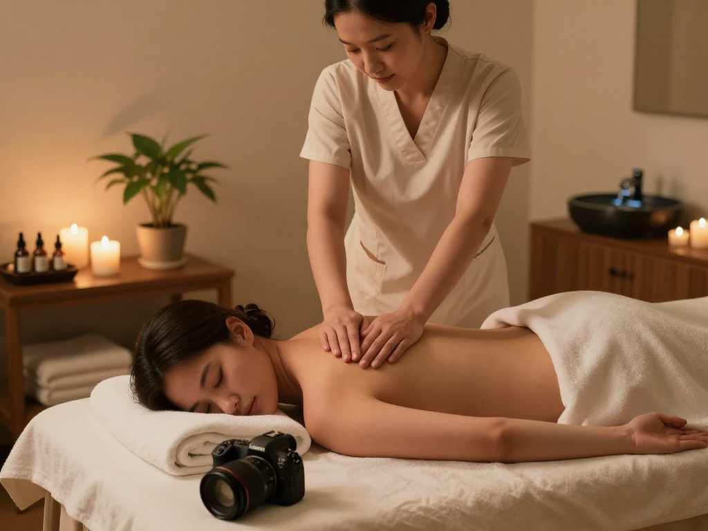 안양출장안마 massage therapy scene with a therapist giving a relaxing treatment in a serene spa atmosphere.