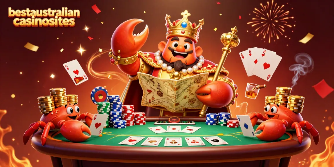 Experience vibrant gambling action with the crab emperor at bestaustraliancasinosites, surrounded by poker elements.