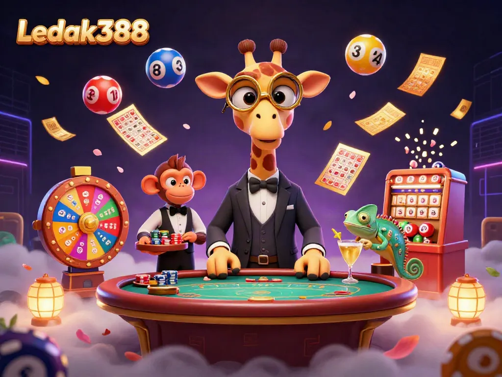 Experience excitement with Ledak388 featuring a high-roller giraffe, vibrant lottery balls, and dynamic casino elements.
