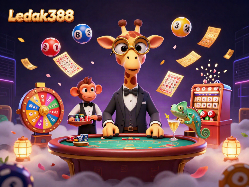 Experience excitement with Ledak388 featuring a high-roller giraffe, vibrant lottery balls, and dynamic casino elements.