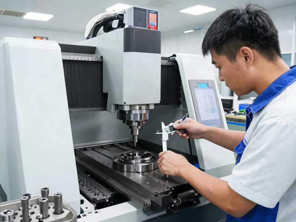 CNC machining parts being inspected for precision in a professional workshop.