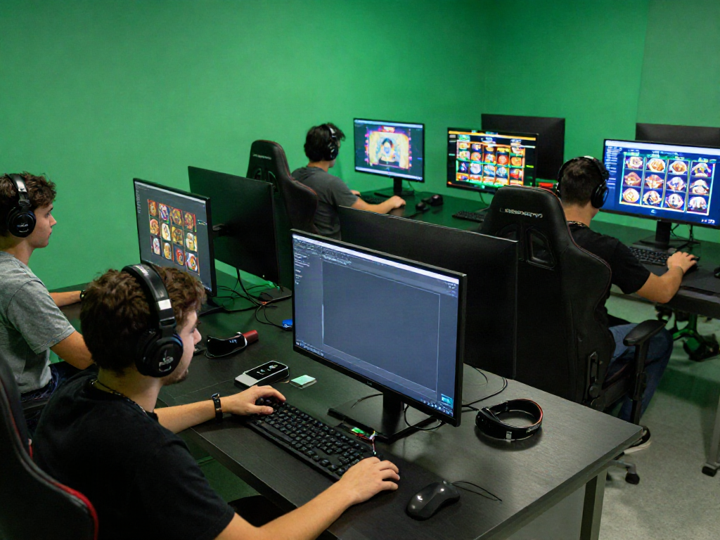 Energetic gamers enjoying pesgslot in a high-tech clinic environment