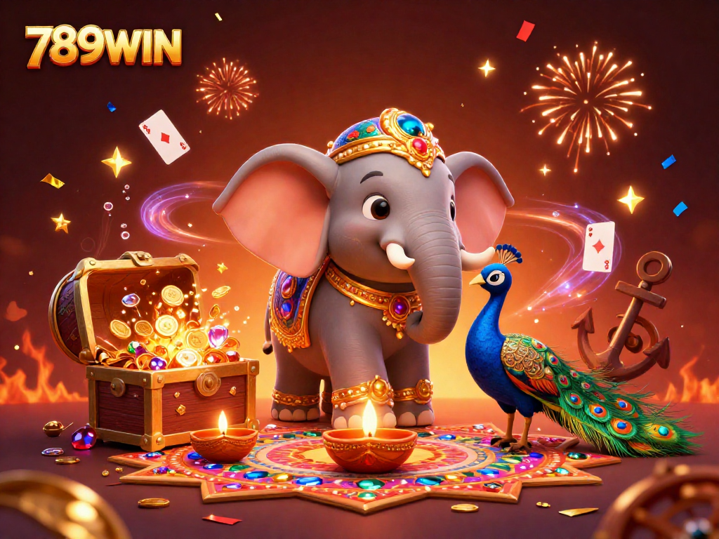 Experience thrilling gaming at 789WIN with vibrant visuals of an ornate elephant, gold coins, and festive elements.