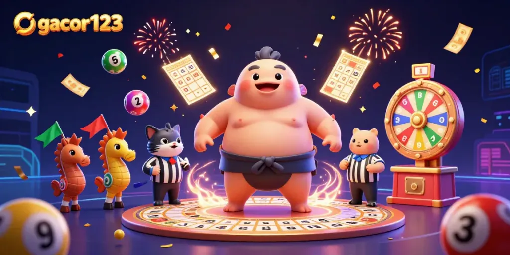 Watch the lively gacor123 scene with a fugu character and lottery elements in an exciting casino setting.