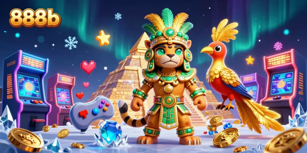 Experience the thrill of 888b casino with dynamic gaming elements in a rich 3D digital illustration.