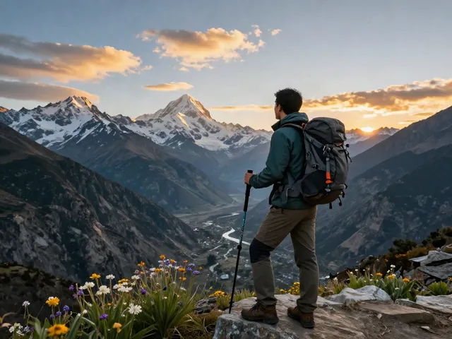 Manaslu Circuit trekker at sunset overlooking majestic Himalayan valley.