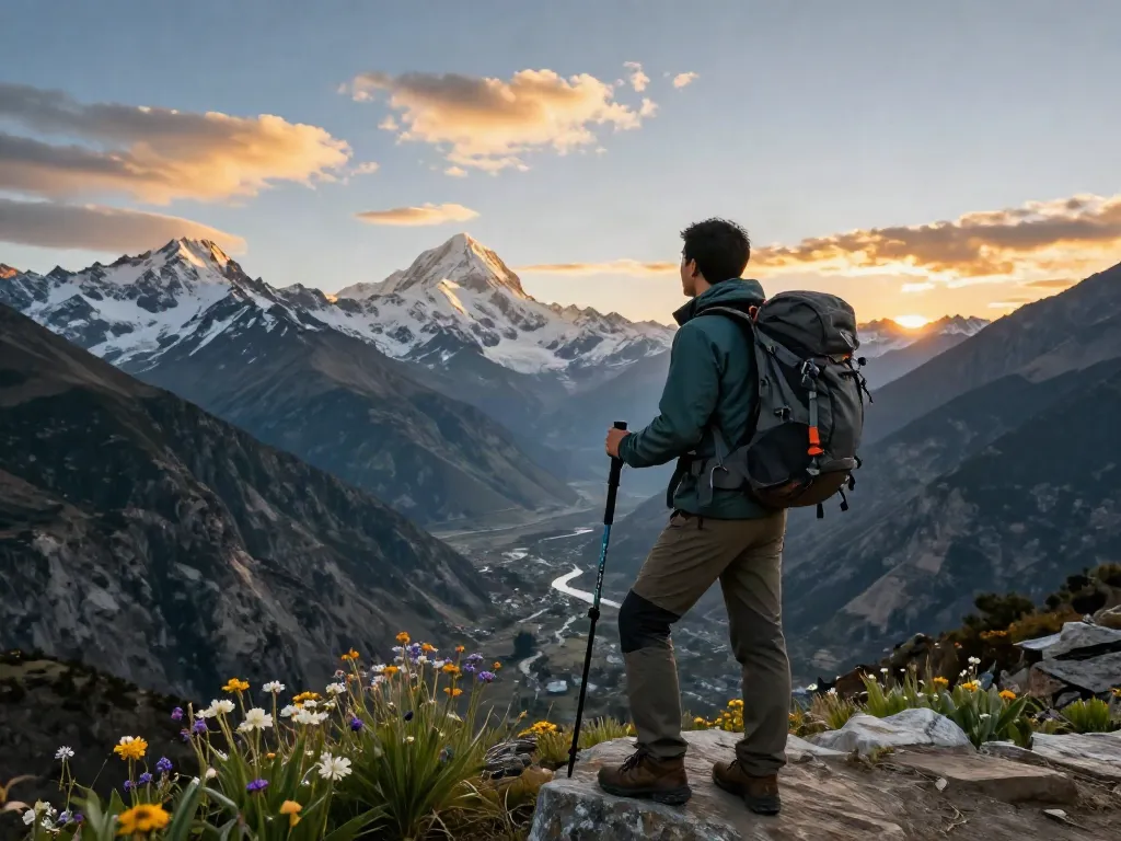 Manaslu Circuit trekker at sunset overlooking majestic Himalayan valley.