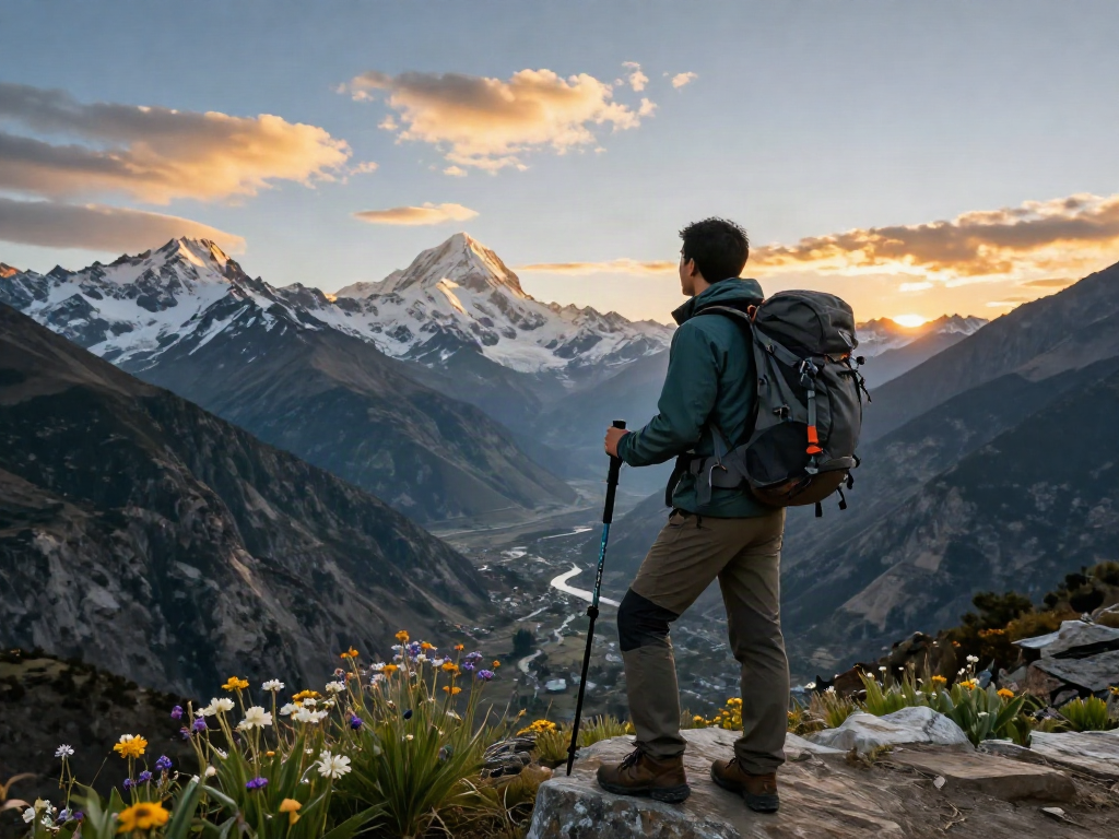 Manaslu Circuit trekker at sunset overlooking majestic Himalayan valley.