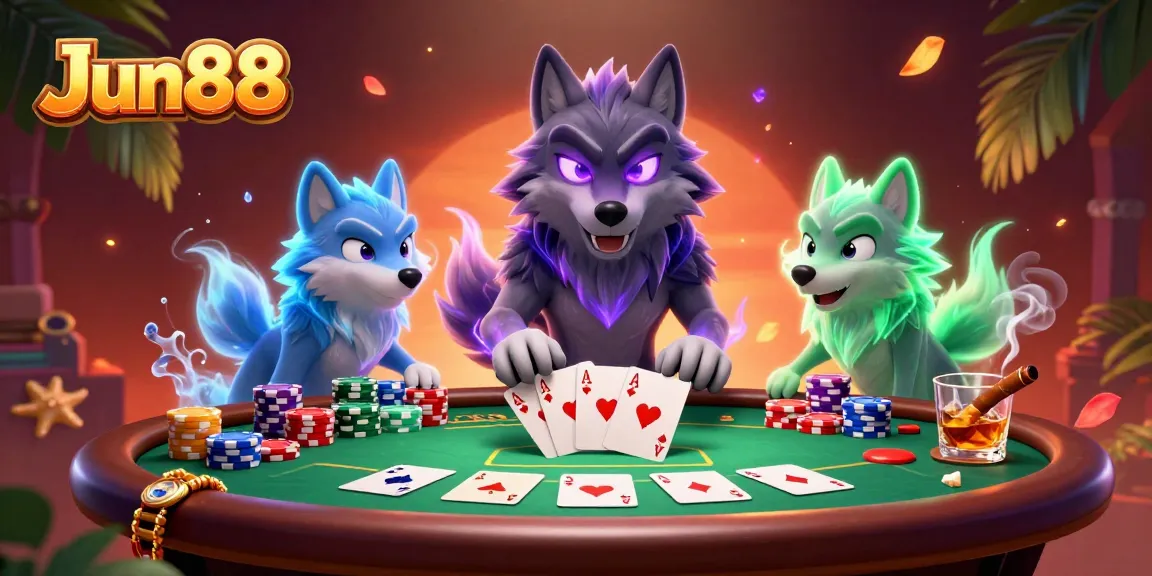 Experience thrilling poker action at Jun88 with ghostly wolves and vibrant chip stacks.