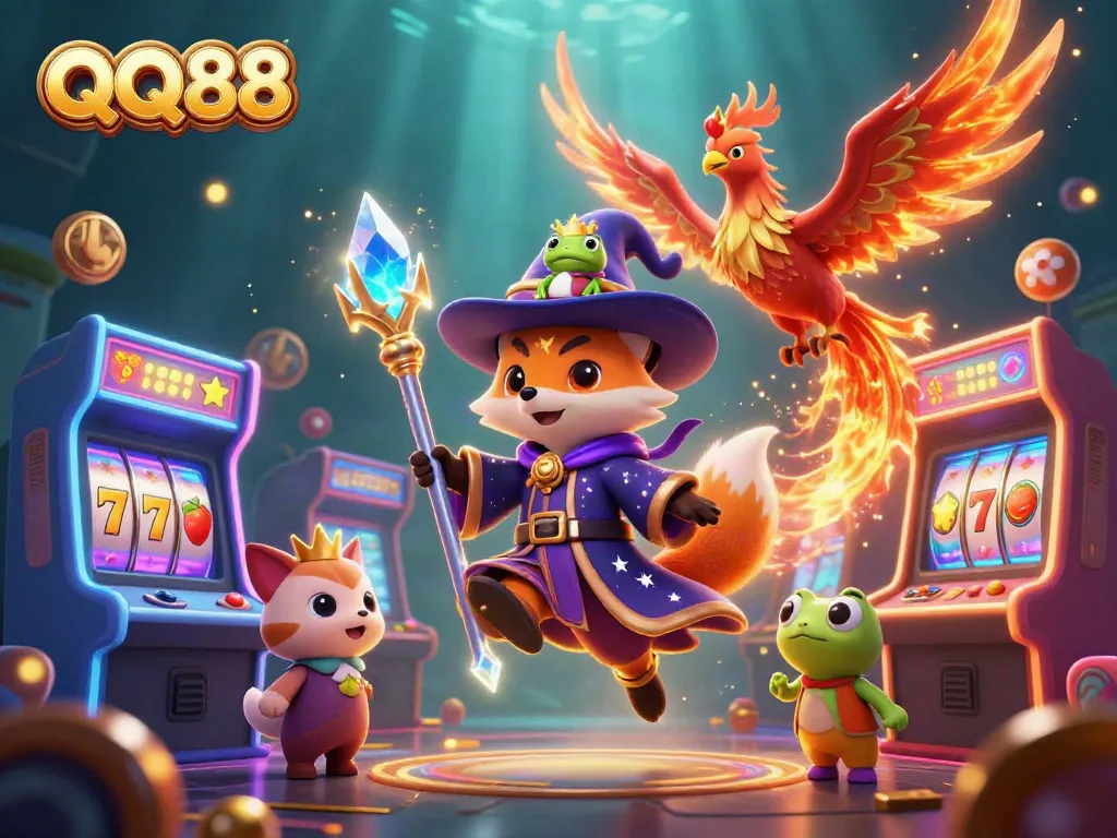 Spin to win at QQ88 with a vibrant casino-themed 3D illustration featuring mystical characters.