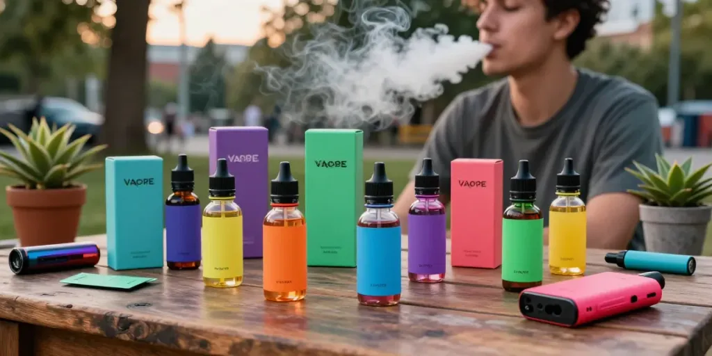 Vibrant setup of vape e liquid bottles and devices in an urban setting.