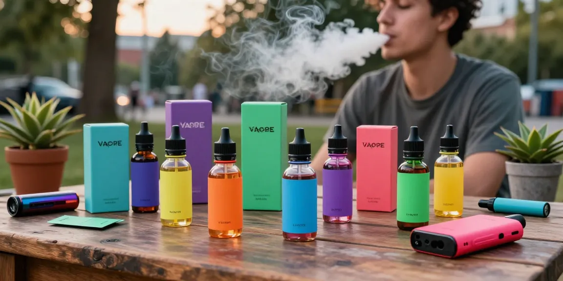 Vibrant setup of vape e liquid bottles and devices in an urban setting.