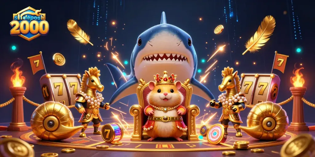 Experience the excitement of slot deposit 2000 with a vibrant 3D casino illustration of a golden hamster king and royal entourage.