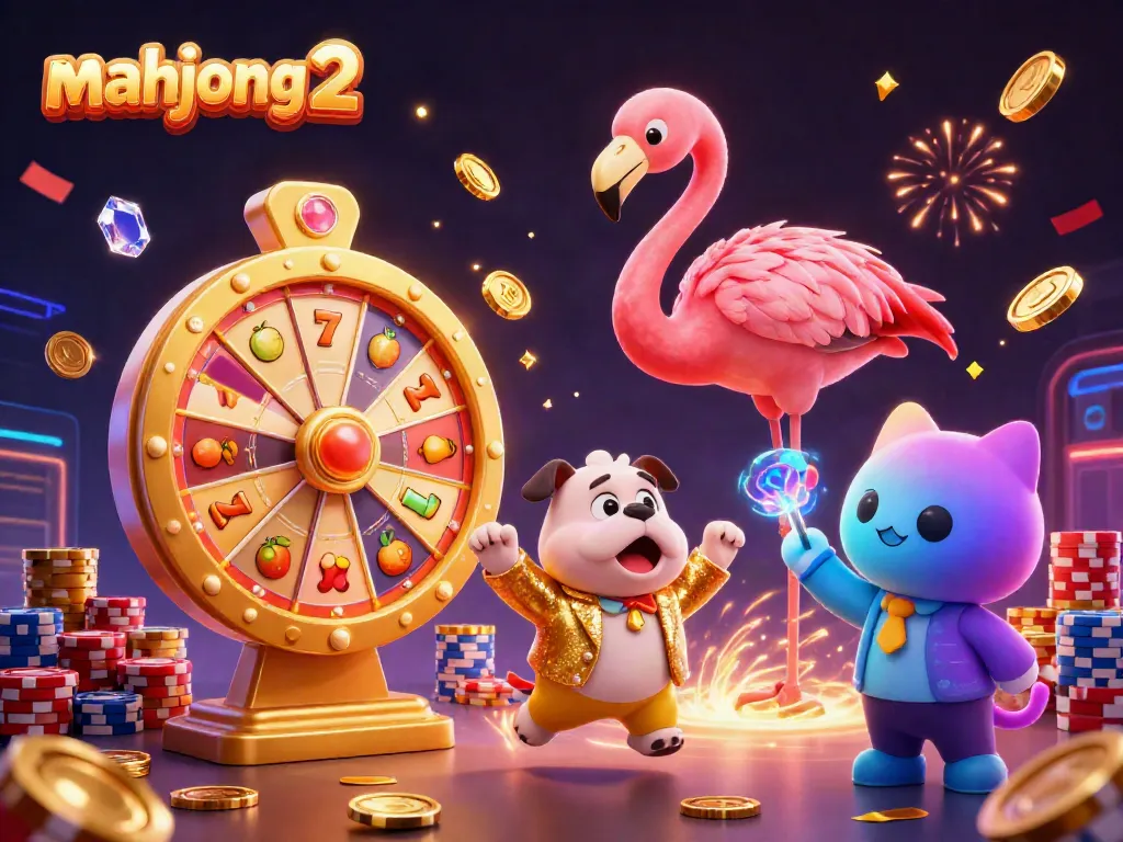 Draw winnings with mahjong 2 in a dynamic casino scene featuring vibrant characters and game elements.