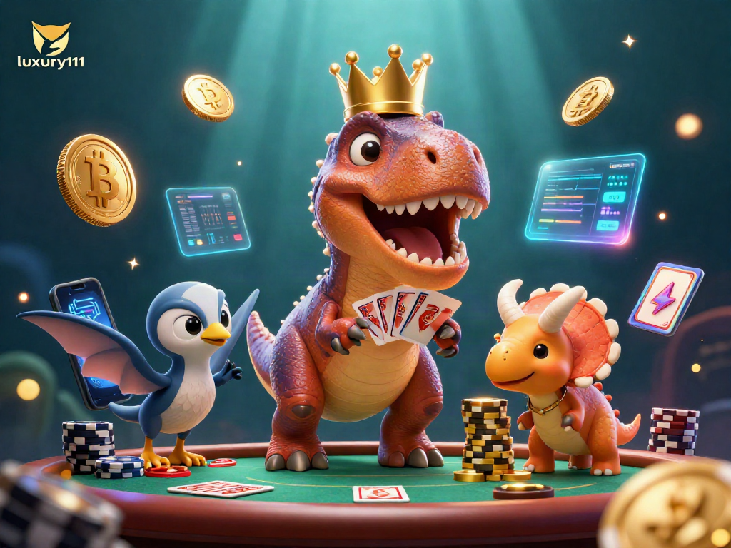 Engage in action-packed gaming with luxury111, featuring a friendly T-Rex and vibrant poker elements.