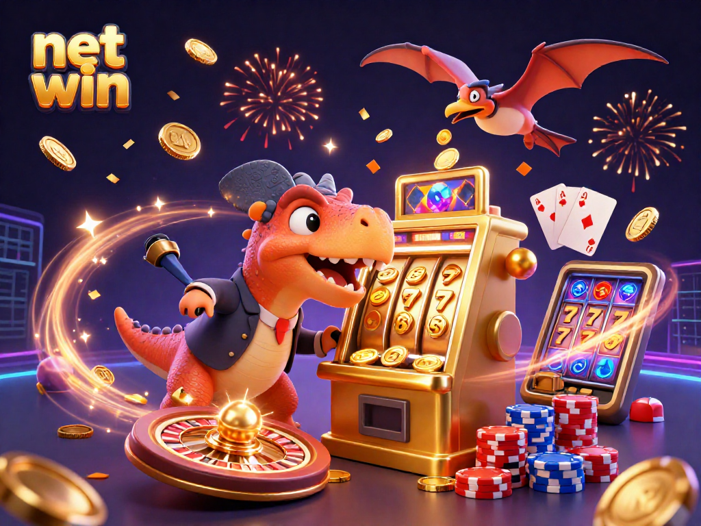Experience net win thrills as a pachycephalosaurus jackpots a golden slot machine amidst cascading coins!