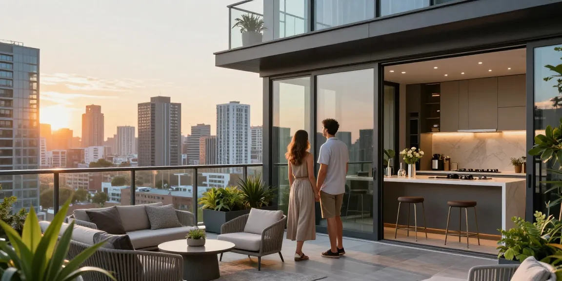 New launch condo with stunning city views, couple enjoying luxury balcony, modern design elements