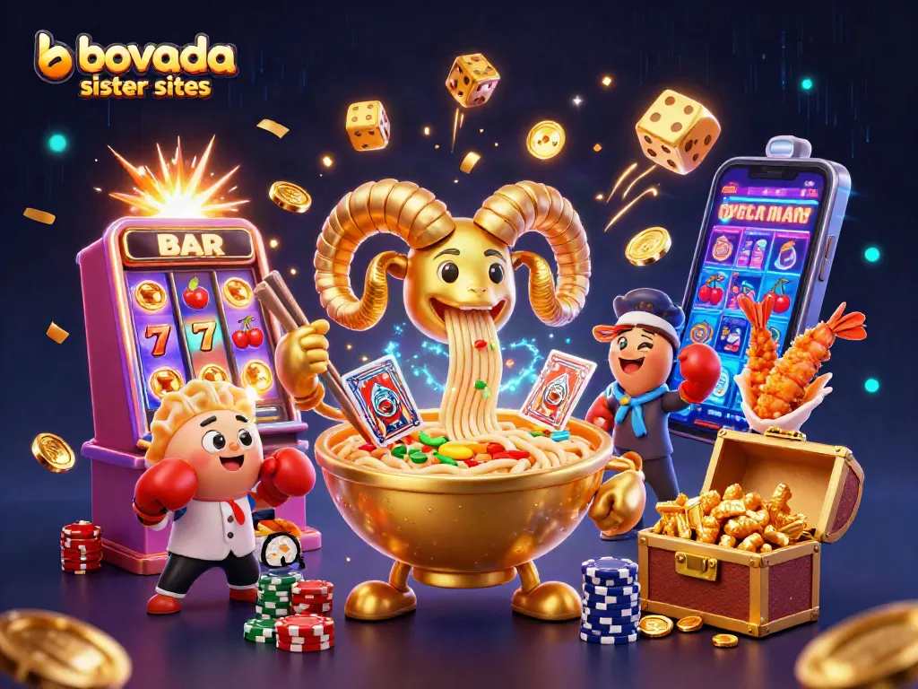 Engage with bovada sister sites featuring a vibrant 3D illustration of a ramen bowl and casino elements.