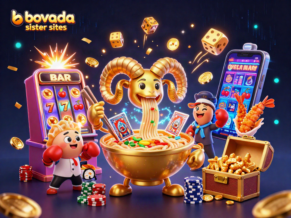 Engage with bovada sister sites featuring a vibrant 3D illustration of a ramen bowl and casino elements.