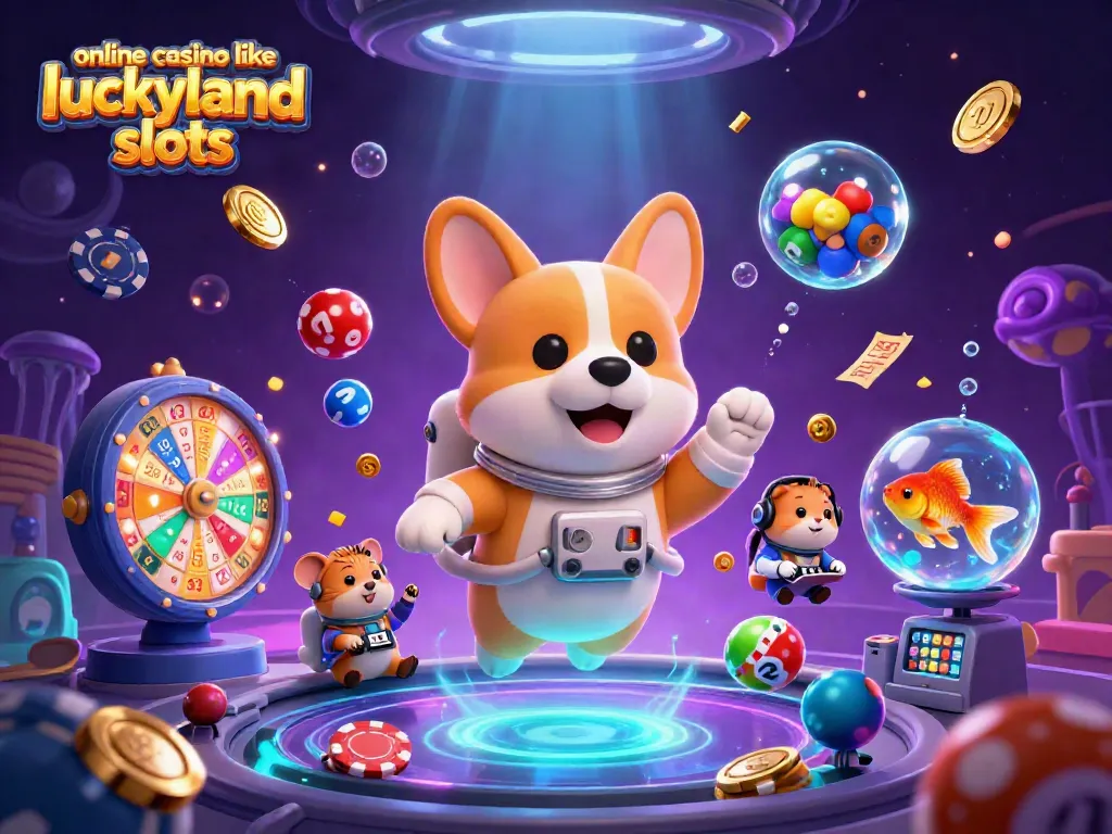 Engage in exciting gameplay at an online casino like LuckyLand Slots with floating characters and vibrant game elements.