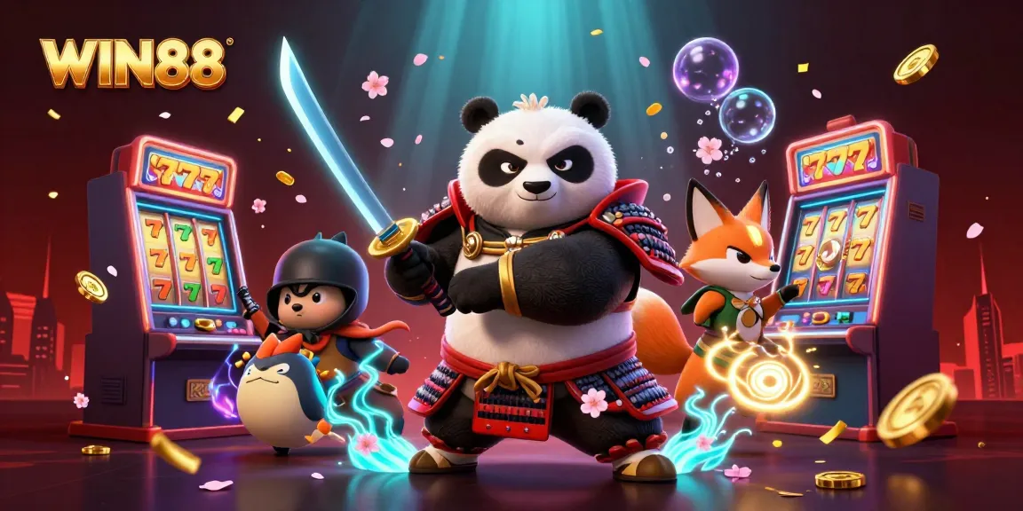Engage with WIN88's vibrant casino scene featuring a samurai panda and enchanting elements.