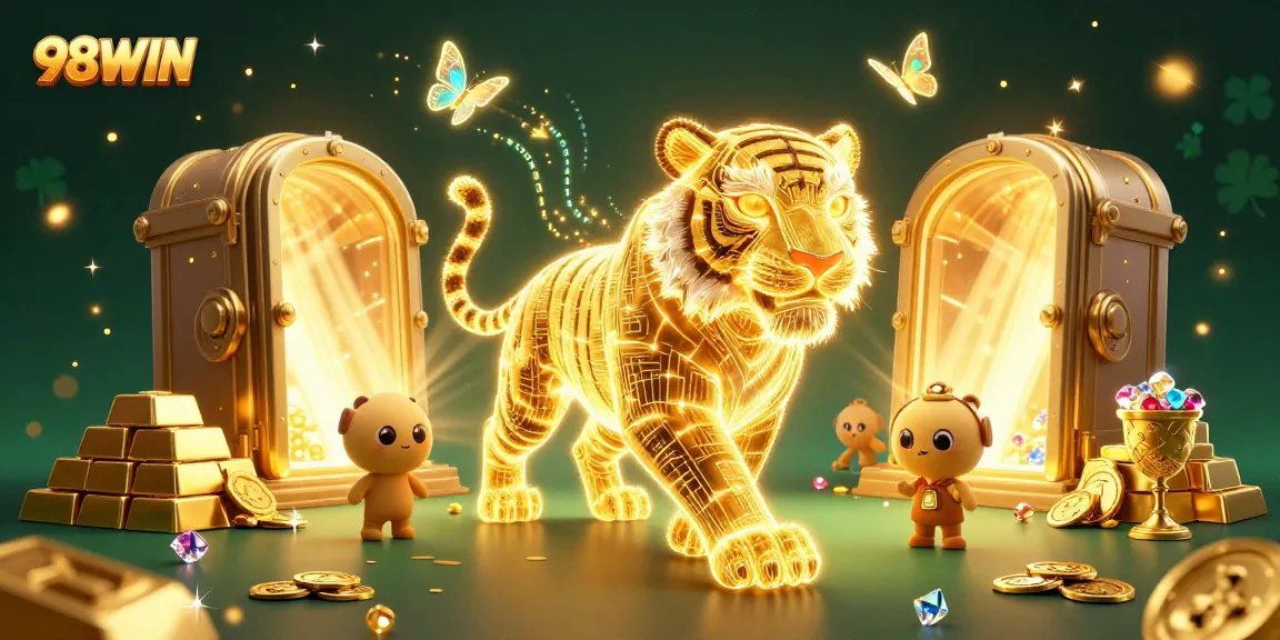 Experience the thrill of winning at 98WIN's vibrant casino, featuring golden treasures and a mystical tiger.