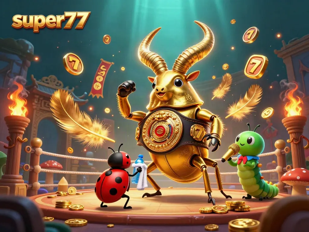 Win big with super77 in this vibrant slot-themed boxing scene featuring dynamic characters.
