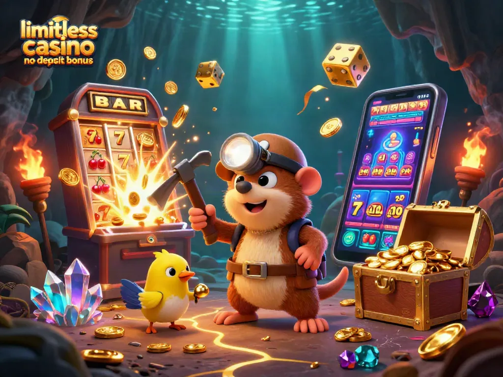 Engage with the limitless casino no deposit bonus through an exciting 3D illustration featuring a treasure hunter and vibrant casino elements.