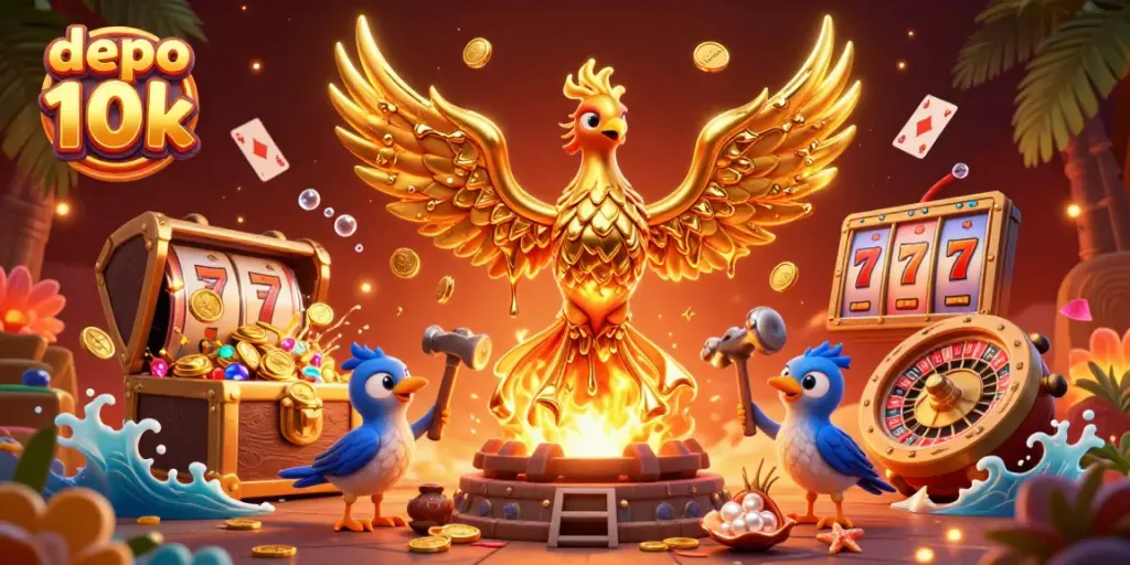 Engage in thrilling gameplay with depo 10k through a vibrant scene of winning slot elements and golden treasures.