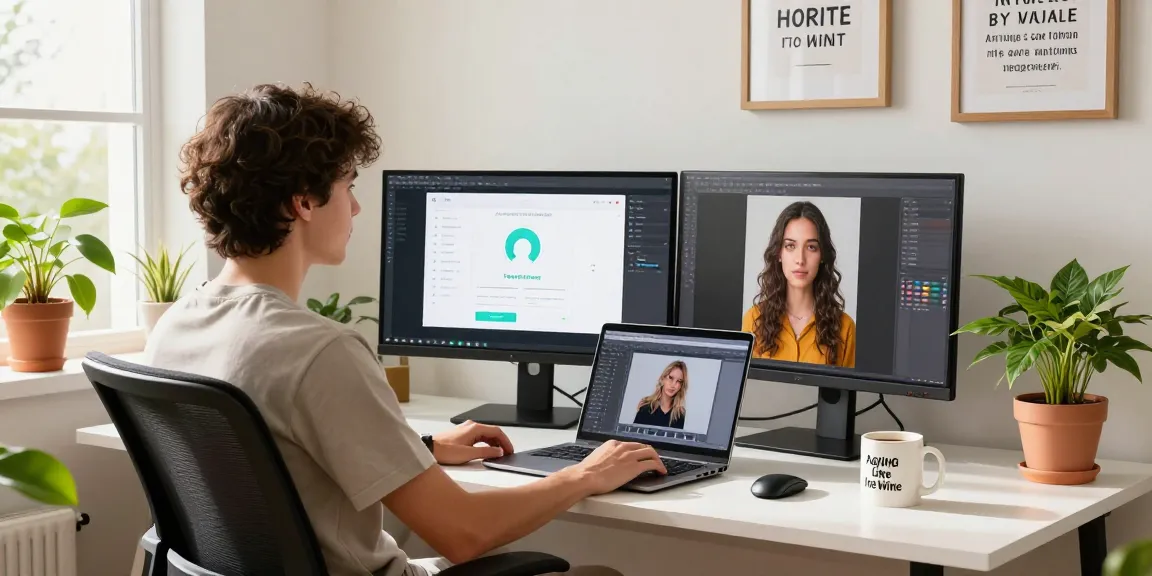 How old do I look? Person analyzing their age using a facial recognition tool in a bright home office.