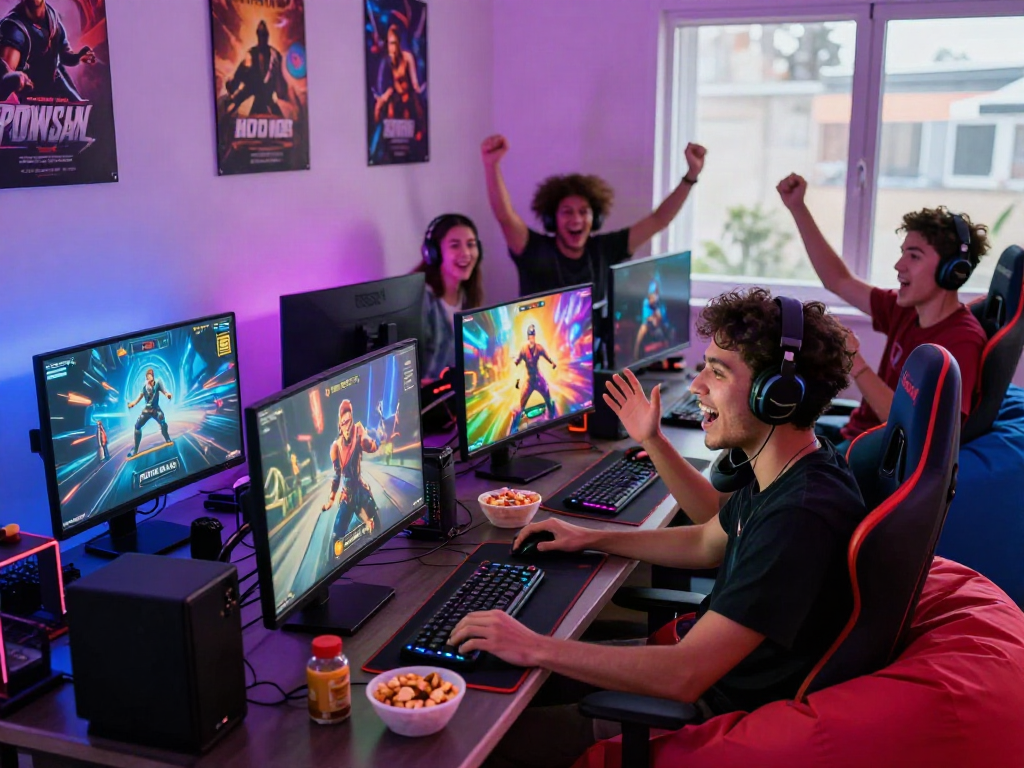 Exciting scene of friends playing porngames together in a lively gaming setup.