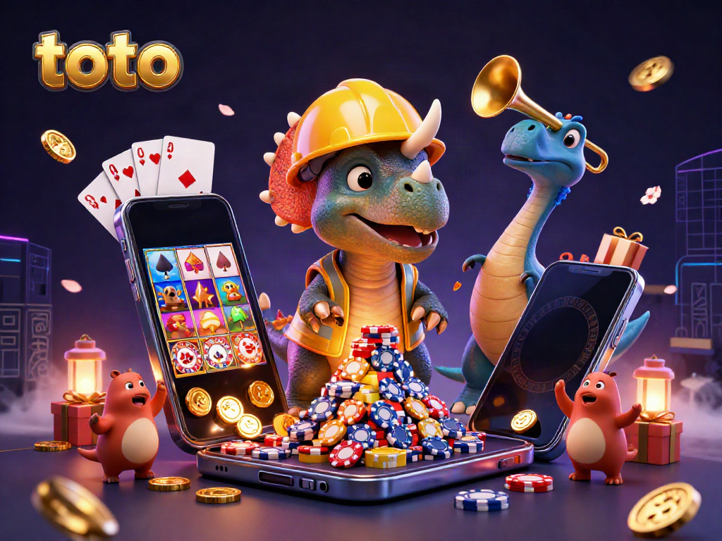 Experience the excitement of toto gaming with a dynamic scene featuring cheerful characters celebrating big wins amidst vibrant casino elements.
