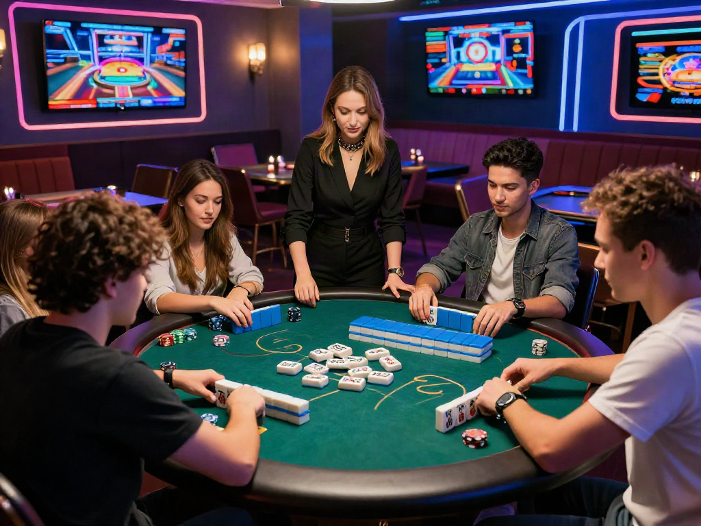 Players enjoying Slot MAHJONGJP88 in a vibrant casino atmosphere surrounded by engaging decor and gaming excitement.