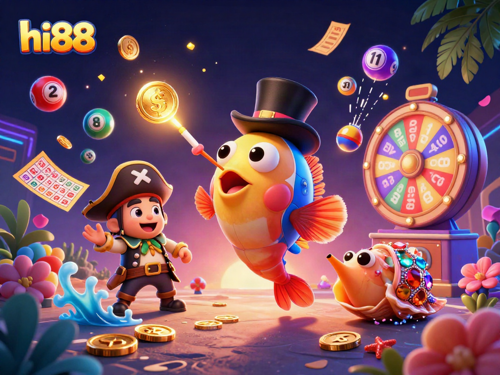 Experience hi88's thrilling games with glowing characters amidst vibrant casino elements.