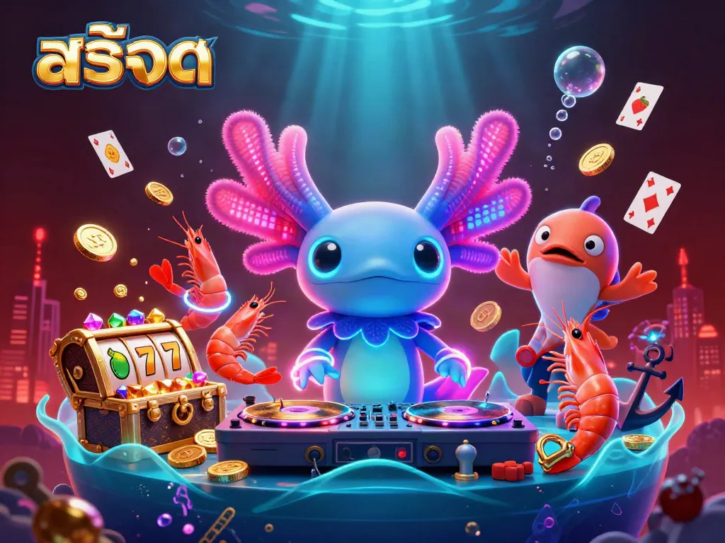Engage in thrilling สล็อต action with a 3D cartoon themed underwater DJ party, complete with vibrant colors and fun casino elements.
