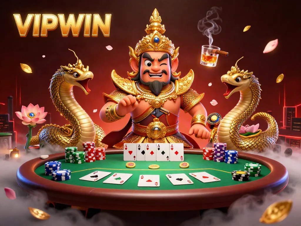 Experience the excitement of VIPWIN with a vibrant poker scene featuring fantasy characters and dynamic gameplay elements.