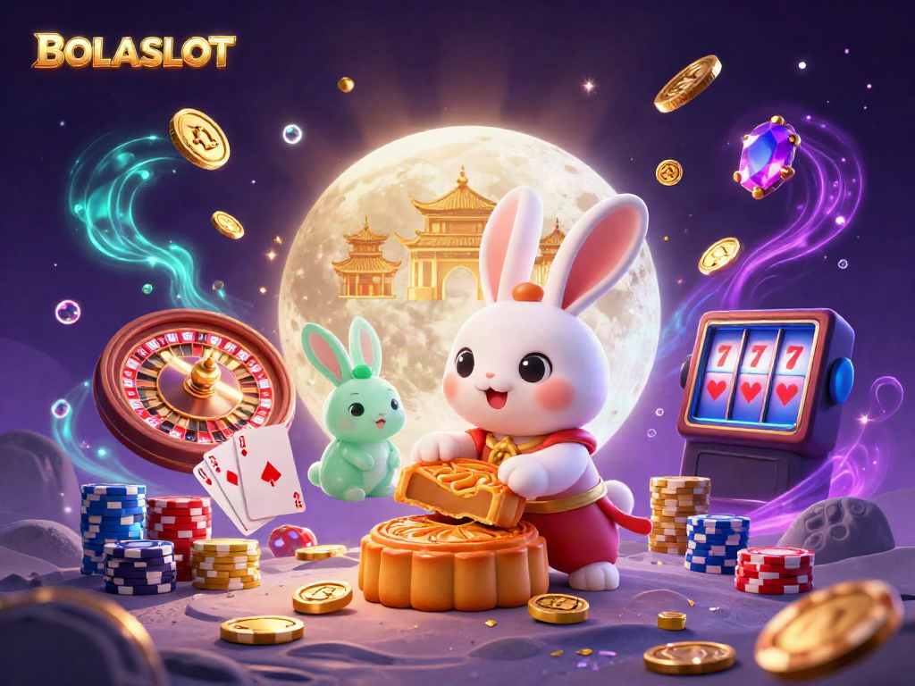 BOLASLOT gaming scene featuring a moon rabbit, poker chips, and golden mooncakes illustrating luck.