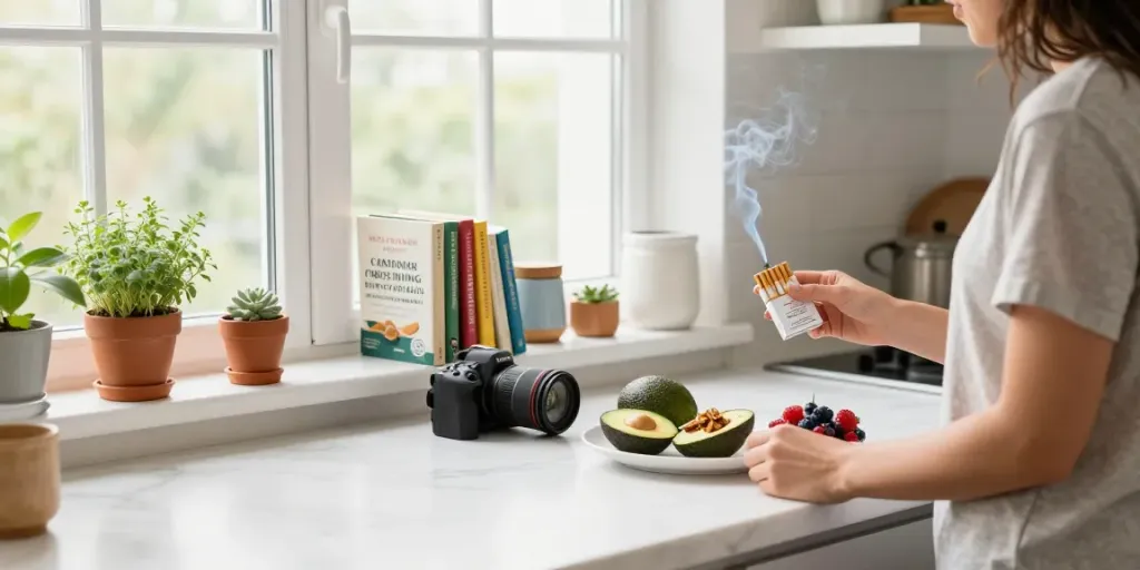 Top smoke and tobacco cigarettes online wholesale in a bright wellness kitchen promoting a balanced lifestyle with fresh ingredients and CBD.