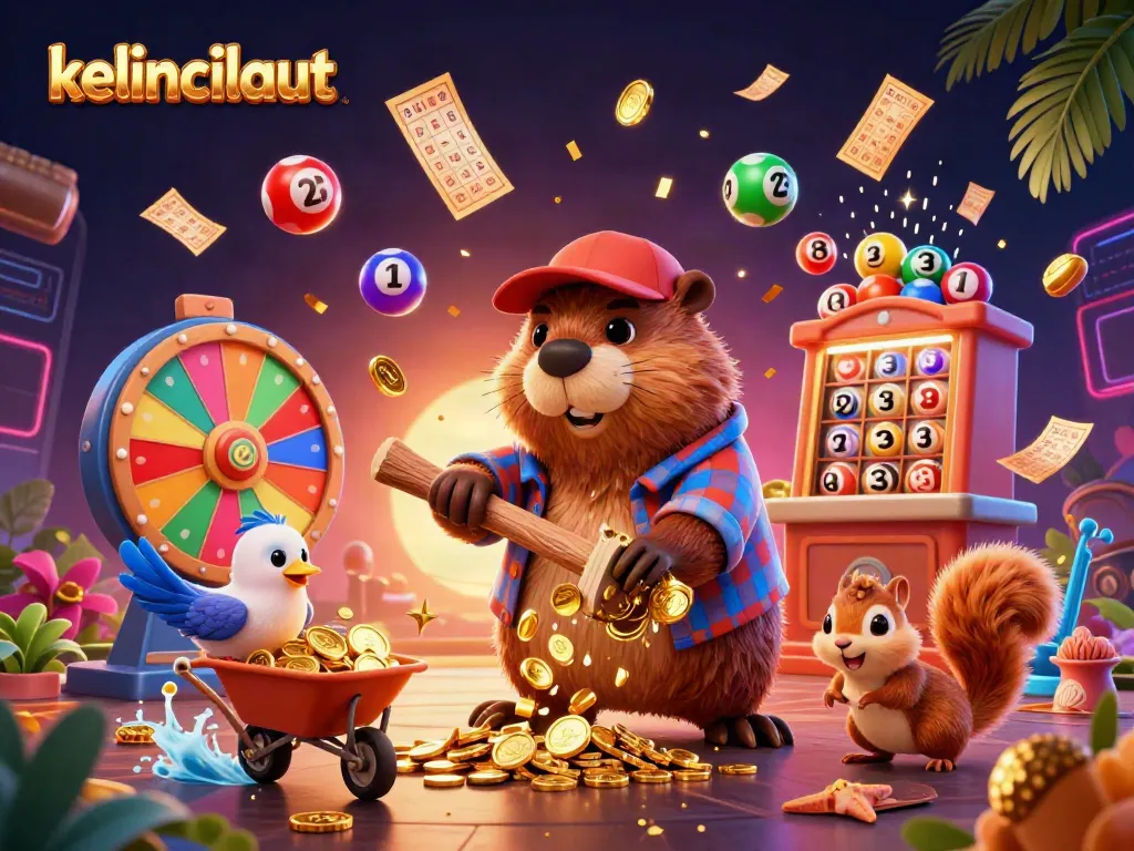 Engaging kelincilaut casino scene with a beaver collecting gold coins and dynamic lottery elements.