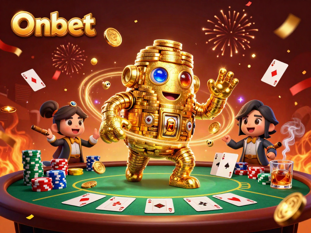 Engage in thrilling gaming excitement at Onbet, featuring golden coin golem and vibrant poker scene.